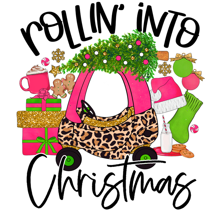 Rollin' into Christmas (Pink Cheetah) Direct to Film (DTF) Transfer Pinks Tee's & Things