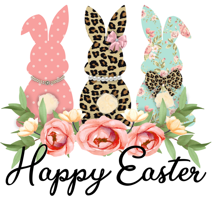 Happy Easter 3 bunnies floral prints Transfer (Adult/Youth) Pinks Tee's & Things
